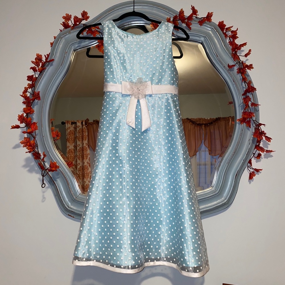 KIDS 14 Blue and White Polka Dot Dress Formal